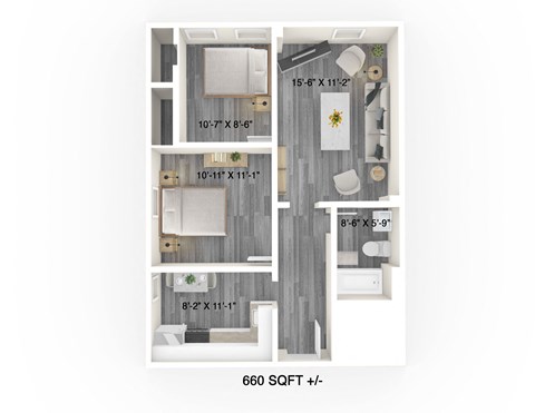 Floor plan for 2 beds, 1 bath, 668 sqft